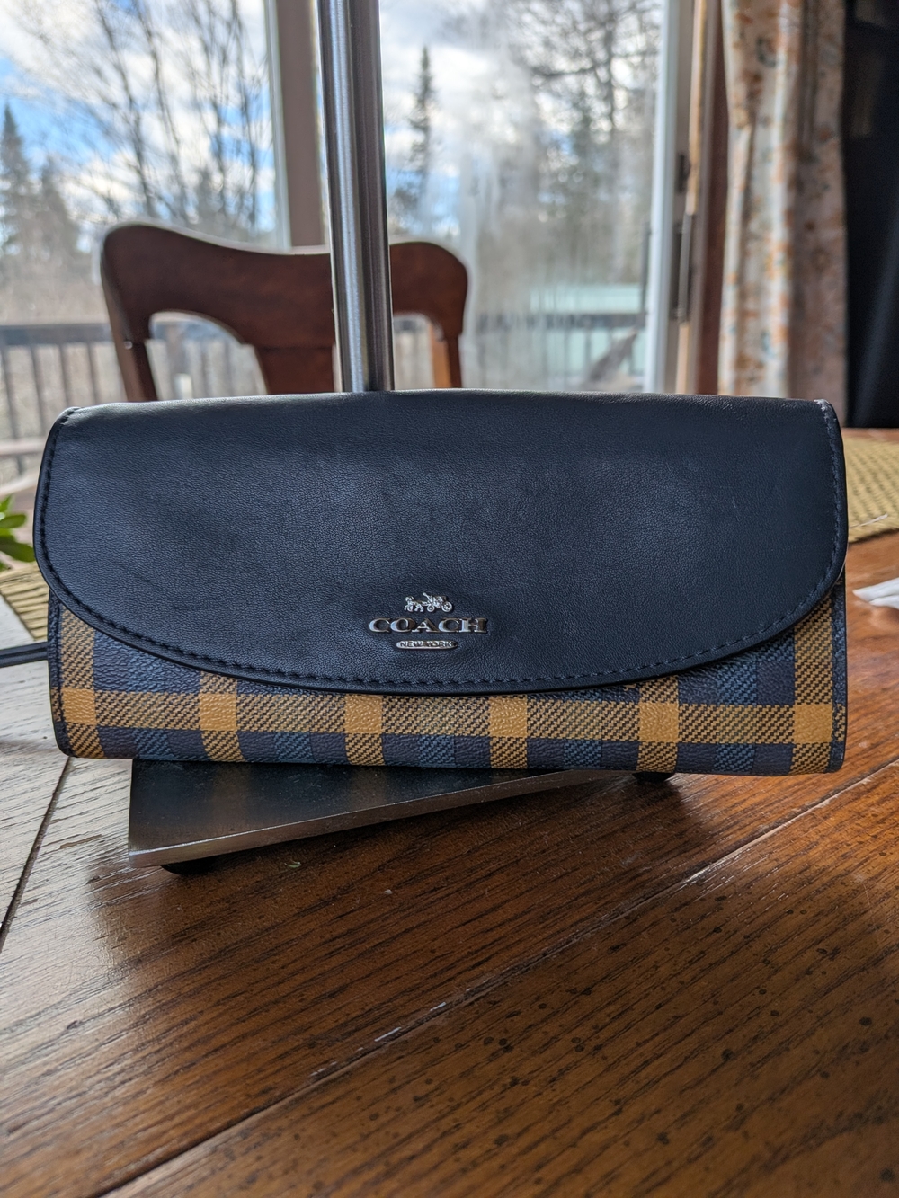Coach Plaid Leather Clutch Wallet - Navy & Tan